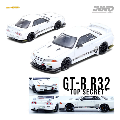 White 1:64 scale INNO64 Top Secret VR32 Nissan GT-R diecast model, detailed close-up of the collectible car.