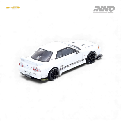 White INNO64 Top Secret VR32 Nissan GT-R diecast model, 1:64 scale, detailed replica with visible roof and side design.