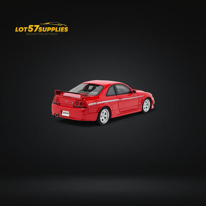 Red Kyosho Nismo 400R R33 Nissan diecast car in 1:64 scale with detailed exterior, shown from the front angle.