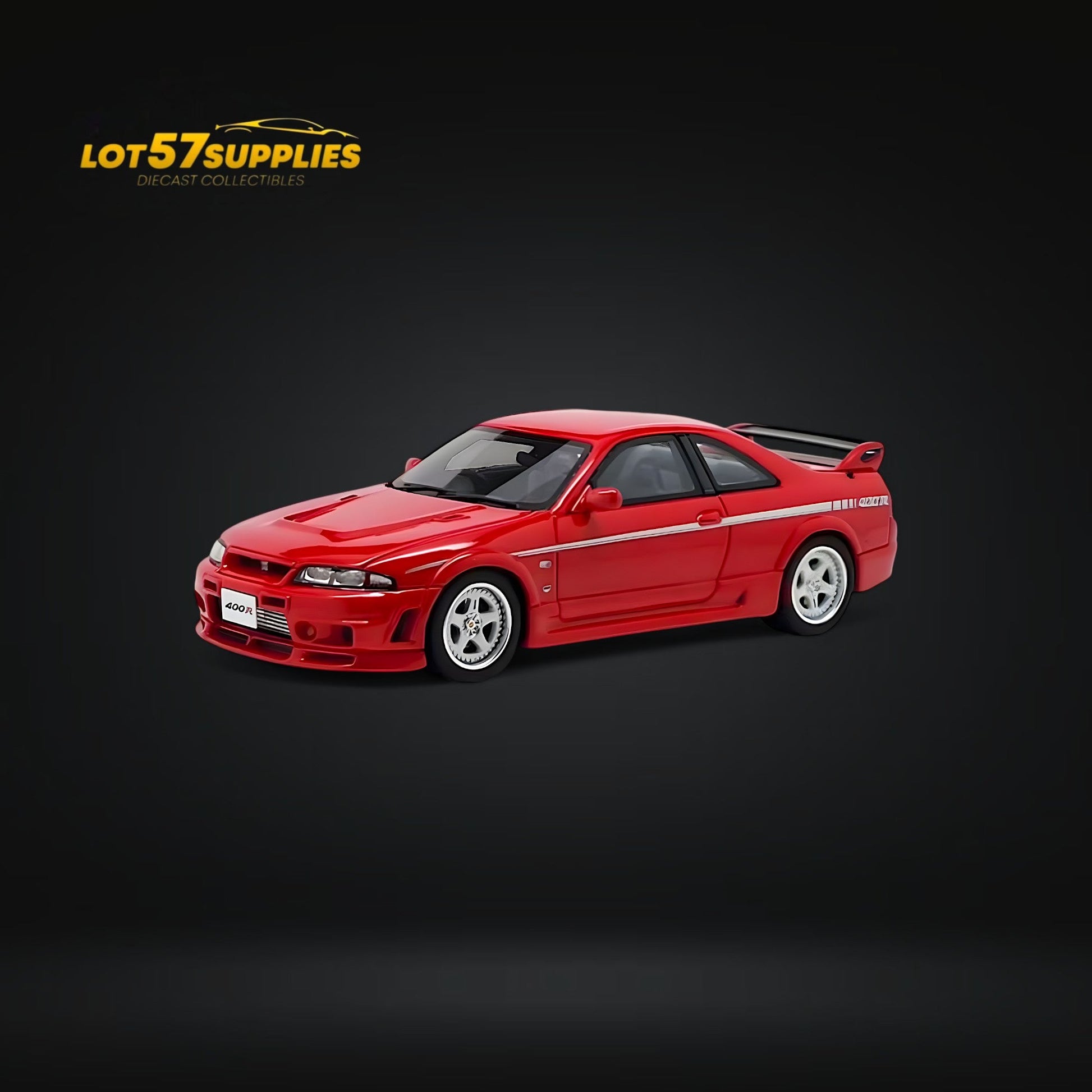Red Kyosho Nismo 400R R33 diecast model car in 1:64 scale, detailed Nissan vehicle with vibrant red finish.