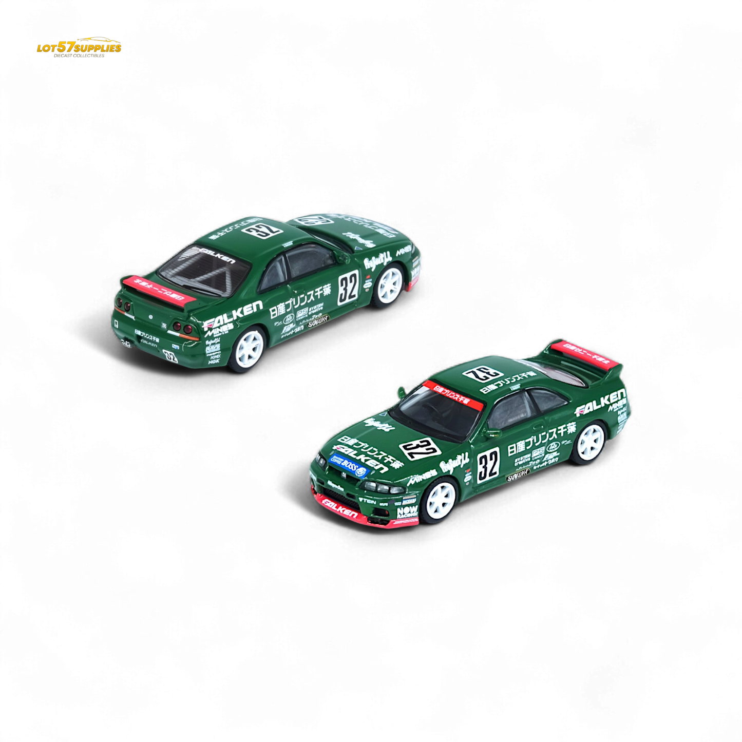 Diecast Nissan Skyline GT-R R33 #32 Falken model in 1:64 scale, featuring detailed design and branding from Lot57Supplies Diecast Shop.