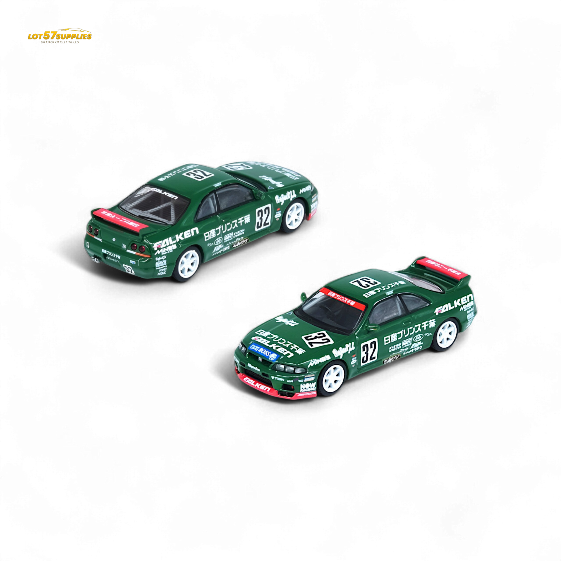 Diecast Nissan Skyline GT-R R33 #32 Falken model in 1:64 scale, featuring detailed design and branding from Lot57Supplies Diecast Shop.