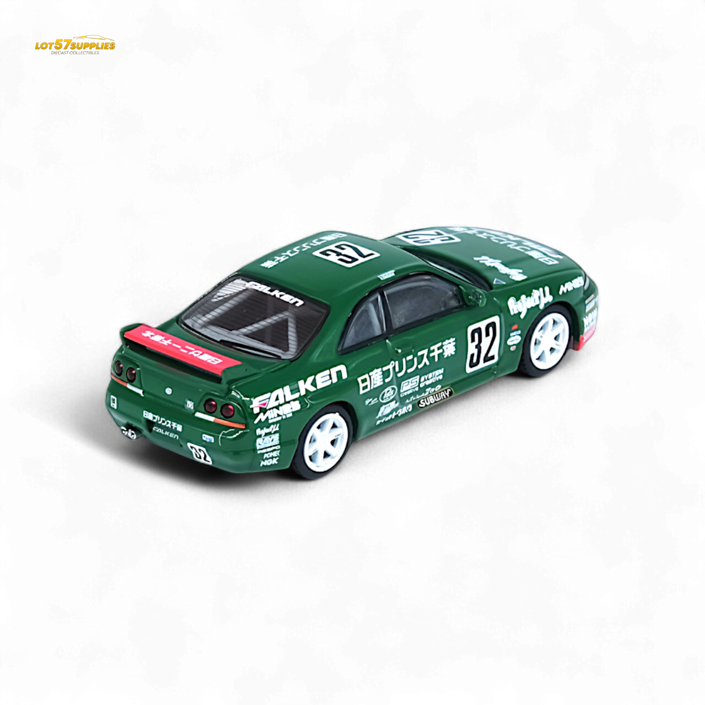 Diecast Nissan Skyline GT-R R33 #32 Falken 1:64 scale model by Lot57Supplies Diecast Shop, detailed front view of the car.