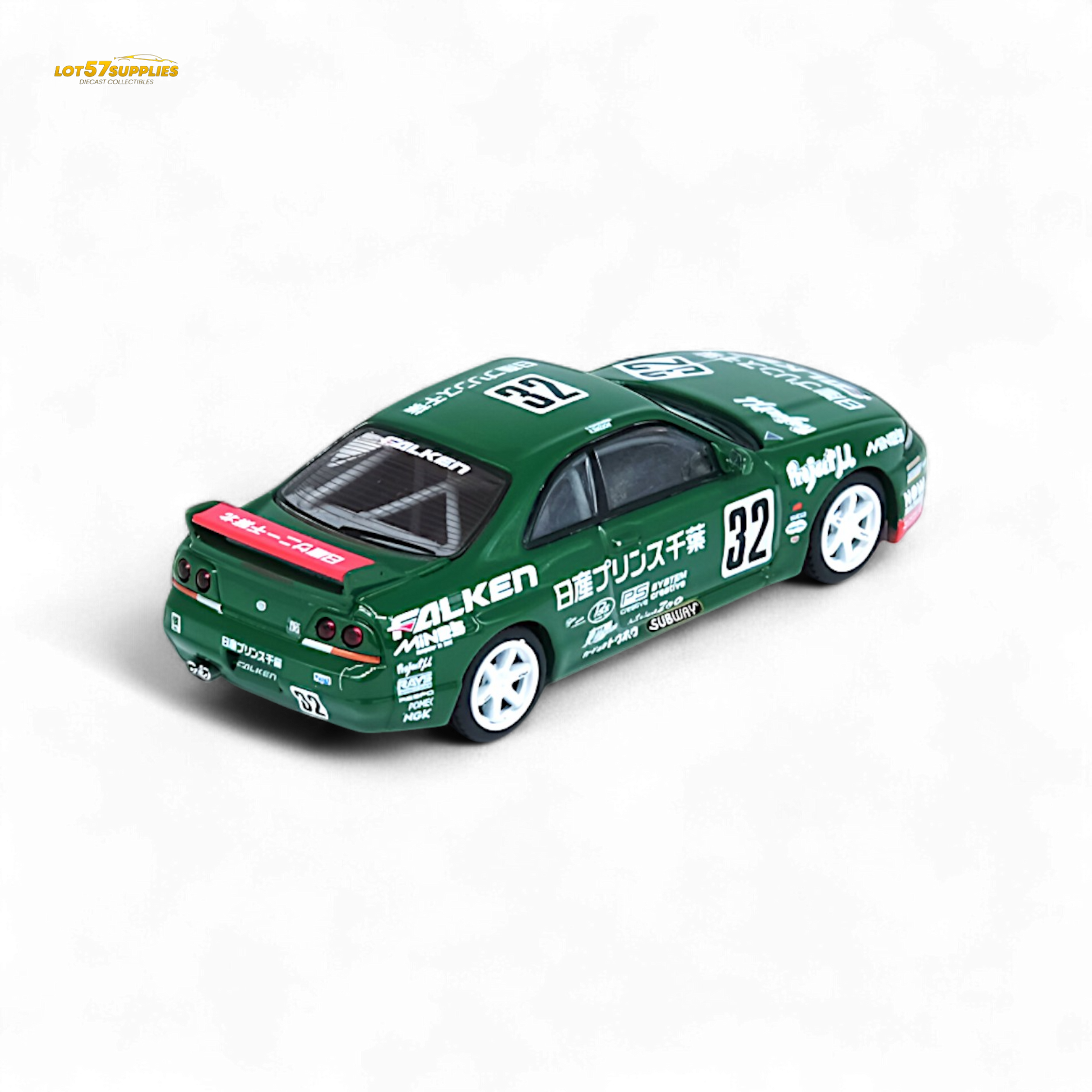 Diecast Nissan Skyline GT-R R33 #32 Falken 1:64 scale model by Lot57Supplies Diecast Shop, detailed front view of the car.