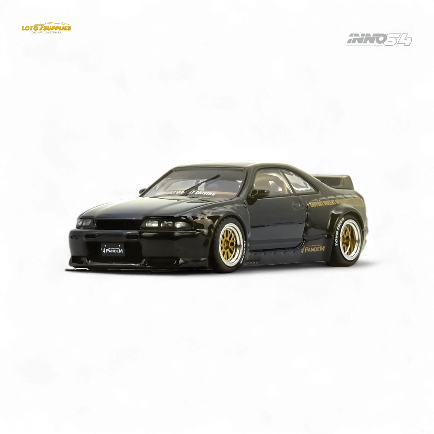 Black Inno64 PANDEM GT-R (BCNR33) diecast Nissan model in 1:64 scale, detailed silver and gold accents, realistic design.