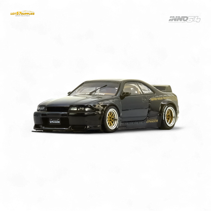Black Inno64 PANDEM GT-R (BCNR33) diecast Nissan model in 1:64 scale, detailed silver and gold accents, realistic design.