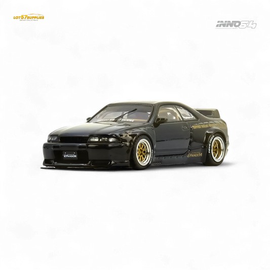 Black Inno64 PANDEM GT-R (BCNR33) diecast Nissan model in 1:64 scale, detailed silver and gold accents, realistic design.