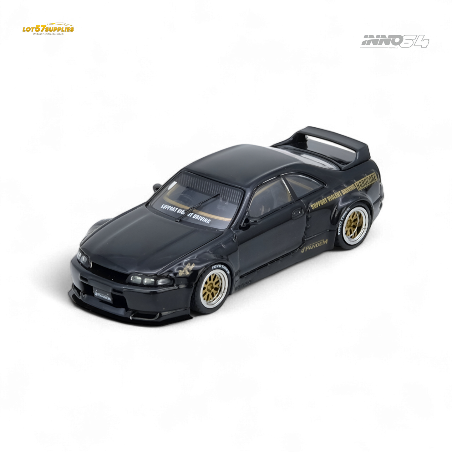 Black 1:64 scale Nissan inno64 PANDEM GT-R (BCNR33) diecast model, detailed and realistic, from Lot57Supplies Diecast Shop.