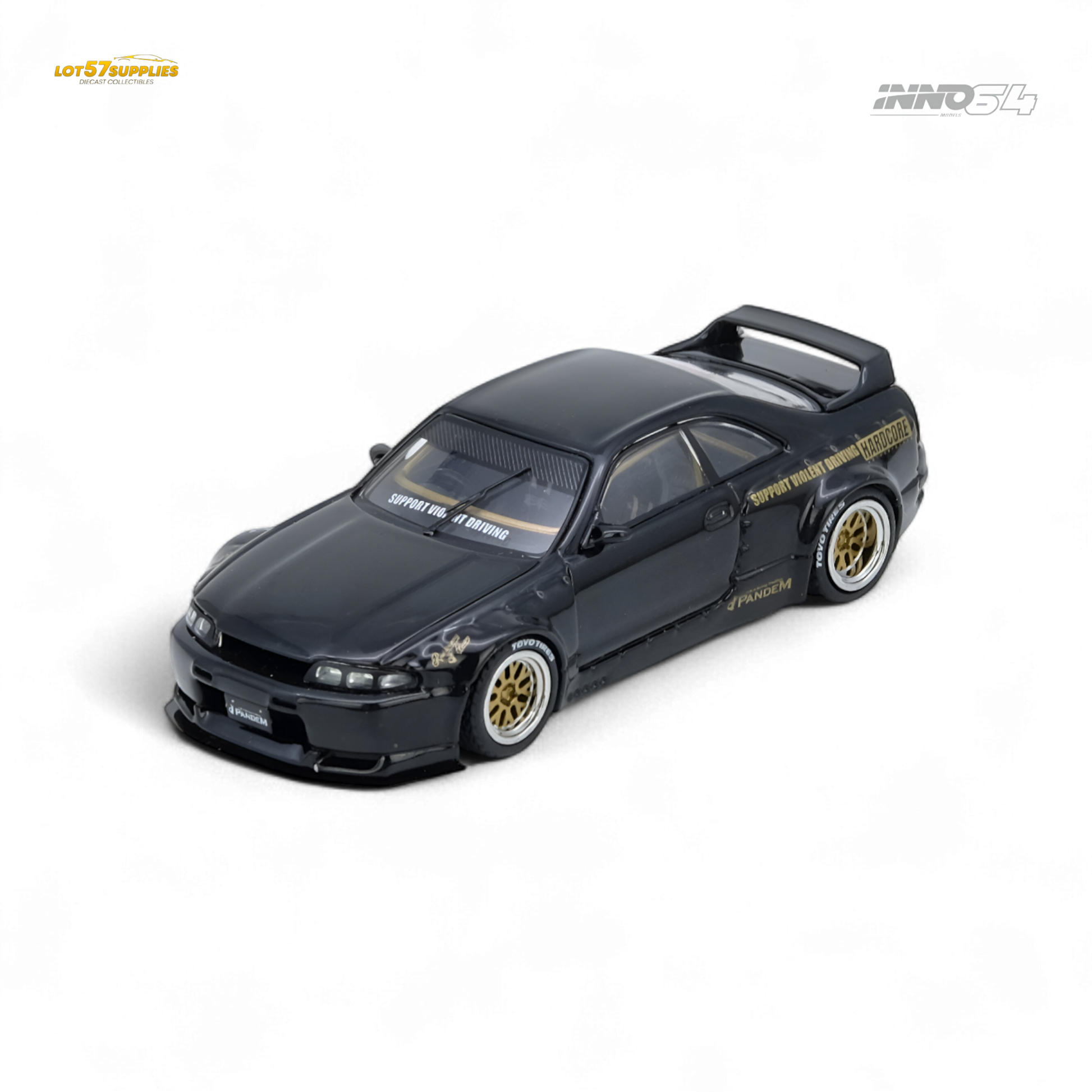 Black 1:64 scale Nissan inno64 PANDEM GT-R (BCNR33) diecast model, detailed and realistic, from Lot57Supplies Diecast Shop.