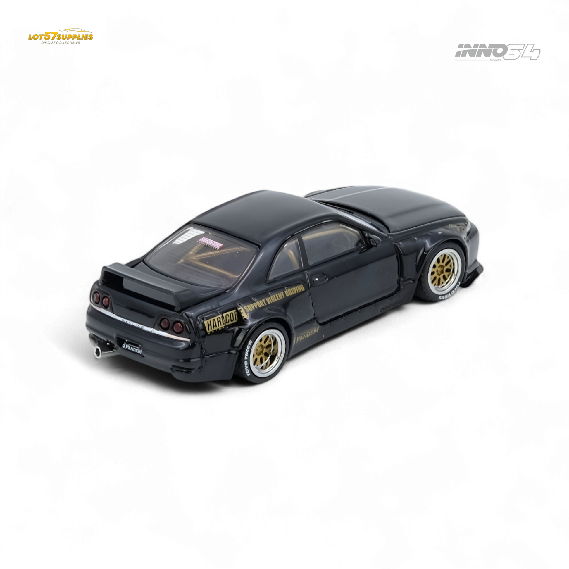 Black Inno64 PANDEM GT-R (BCNR33) diecast Nissan model from Lot57Supplies, detailed 1:64 scale collectible car.