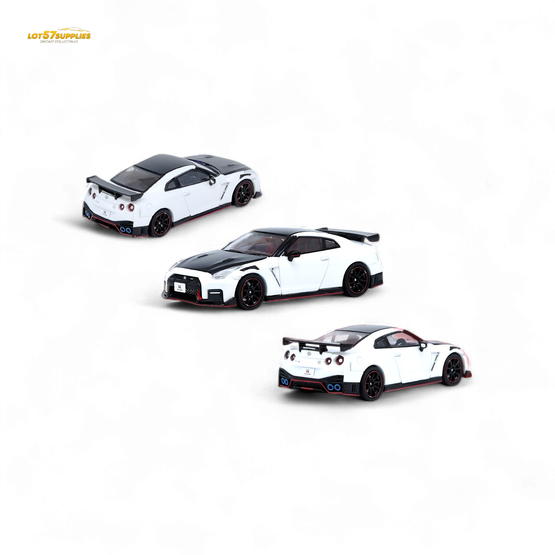 White Inno64 Nissan GT-R R35 NISMO diecast model, detailed 1:64 scale car with realistic features and branding.