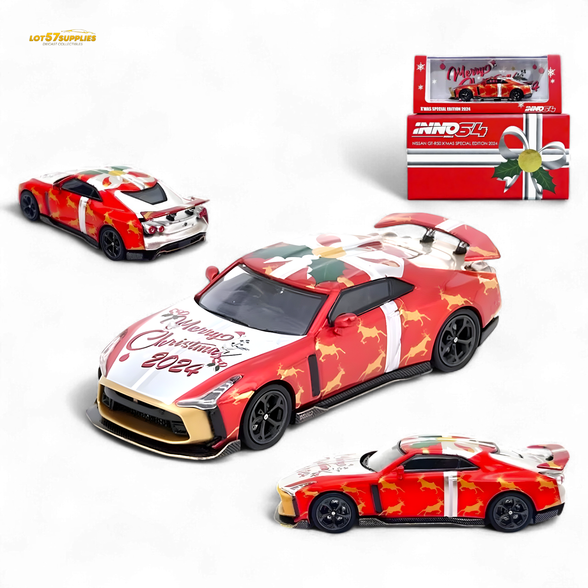 Diecast Nissan GT-R50 "X'MAS 2024" Special Edition 1:64 scale model from Lot57Supplies Diecast Shop, featuring festive holiday details.