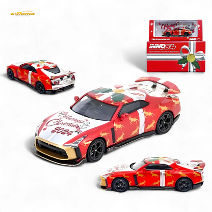 Diecast Nissan GT-R50 "X'MAS 2024" Special Edition 1:64 scale model from Lot57Supplies Diecast Shop, featuring festive holiday details.
