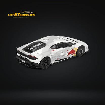 Mini GT Lamborghini Huracan LB Works Ver. 2 diecast model car in 1:64 scale, detailed yellow Lamborghini with black accents.