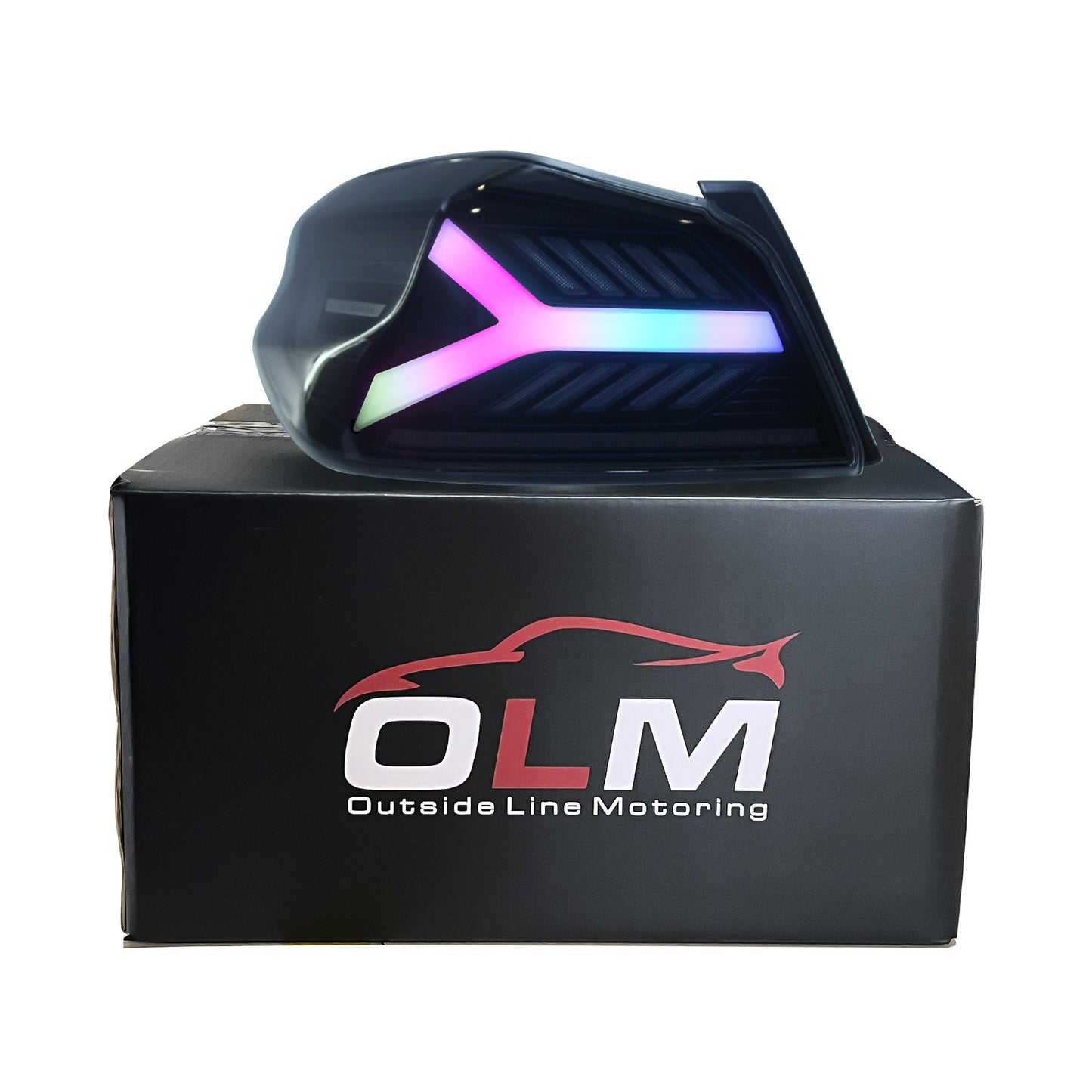 OLM Y-Spec LED taillights for 2015-2021 Subaru WRX/STI with smoke lens and RGB optic, shown in packaging.