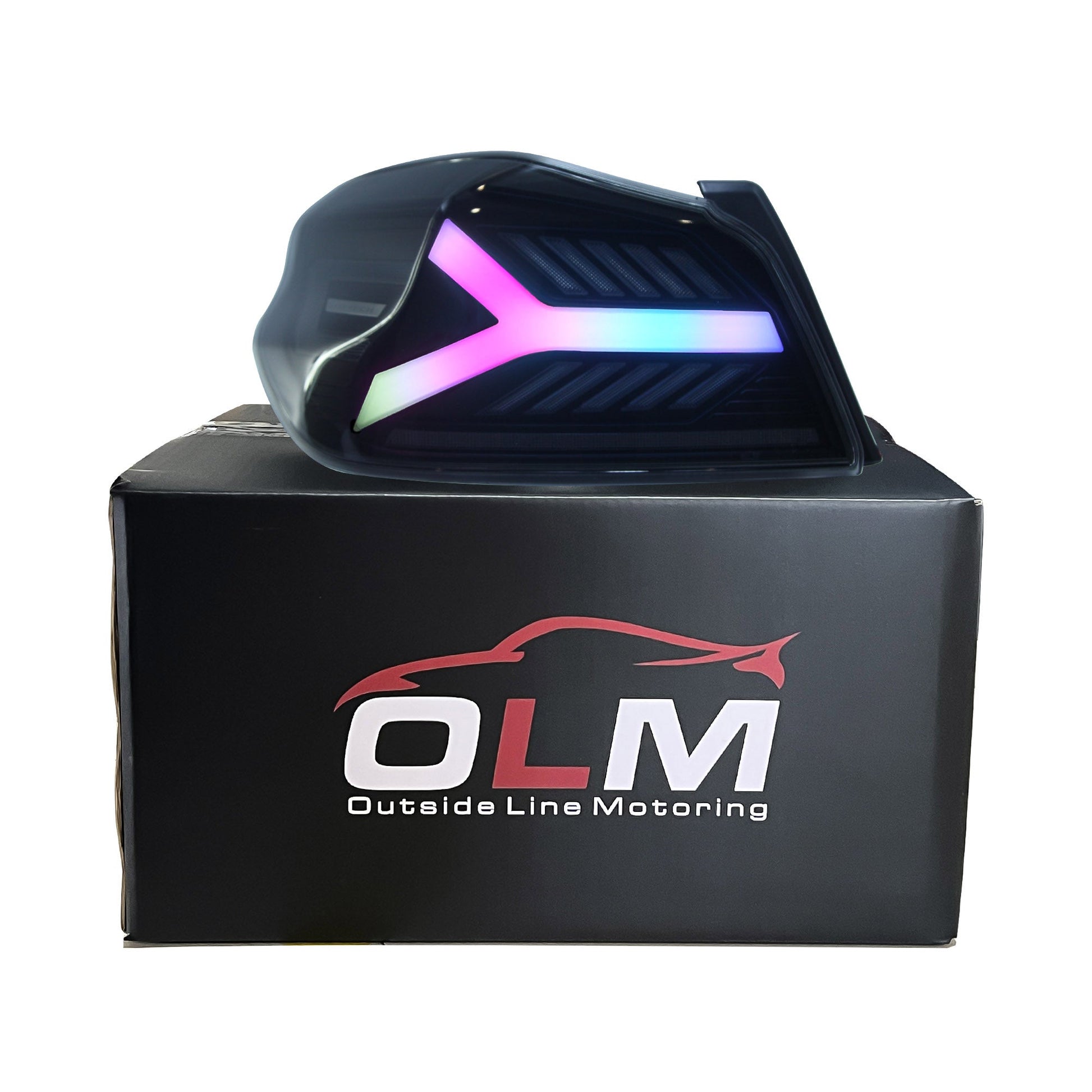 OLM Y-Spec LED taillights for 2015-2021 Subaru WRX/STI with smoke lens and RGB optic, shown in packaging.