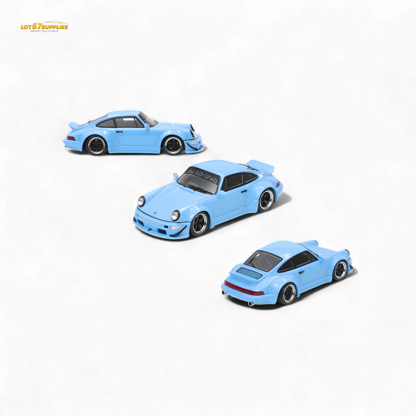 Sky blue 1:64 scale Porsche RWB 964 wide-body duck wing diecast model by Lot57Supplies Diecast Shop.