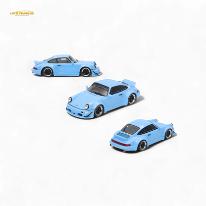 Sky blue 1:64 scale Porsche RWB 964 wide-body duck wing diecast model by Lot57Supplies Diecast Shop.