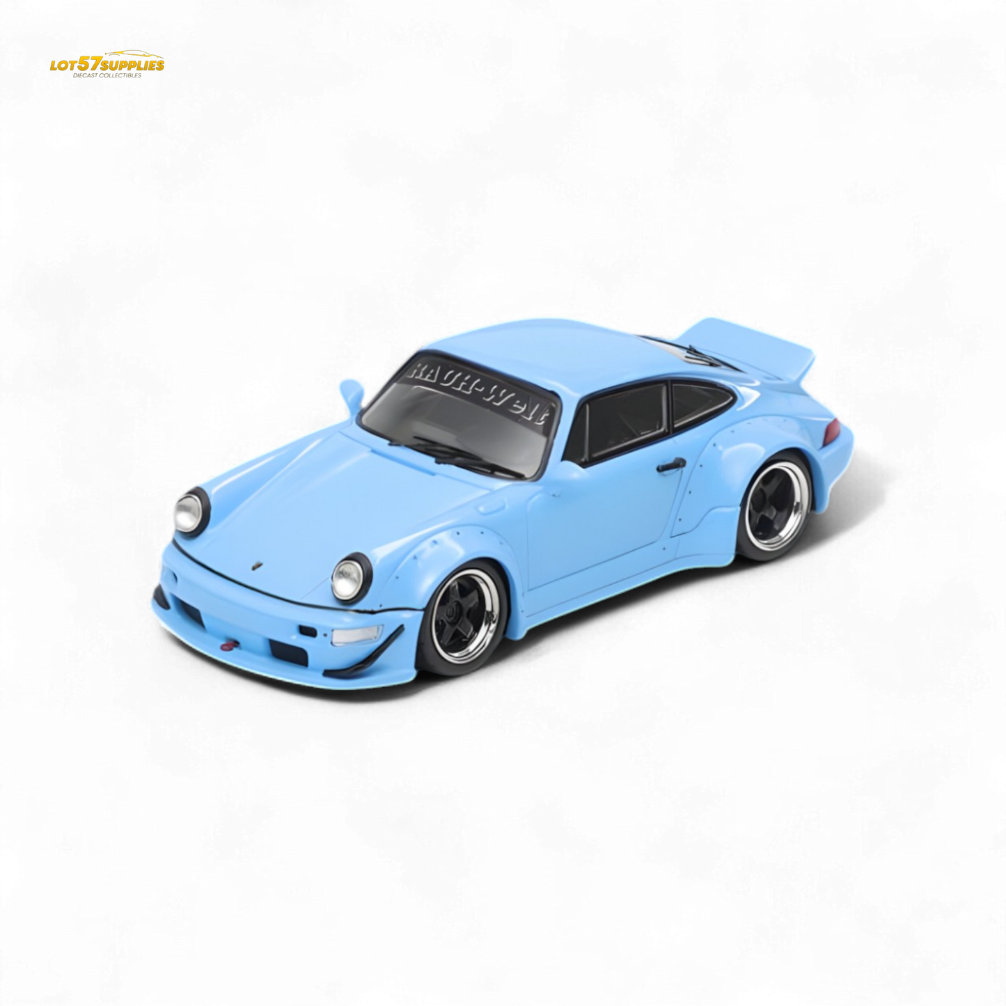 Sky blue 1:64 scale Porsche RWB 964 wide-body duck wing diecast model by Lot57Supplies Diecast Shop, detailed rear view.