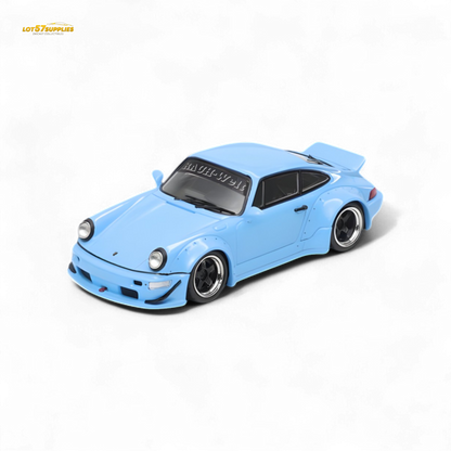 Sky blue 1:64 scale Porsche RWB 964 wide-body duck wing diecast model by Lot57Supplies Diecast Shop, detailed rear view.