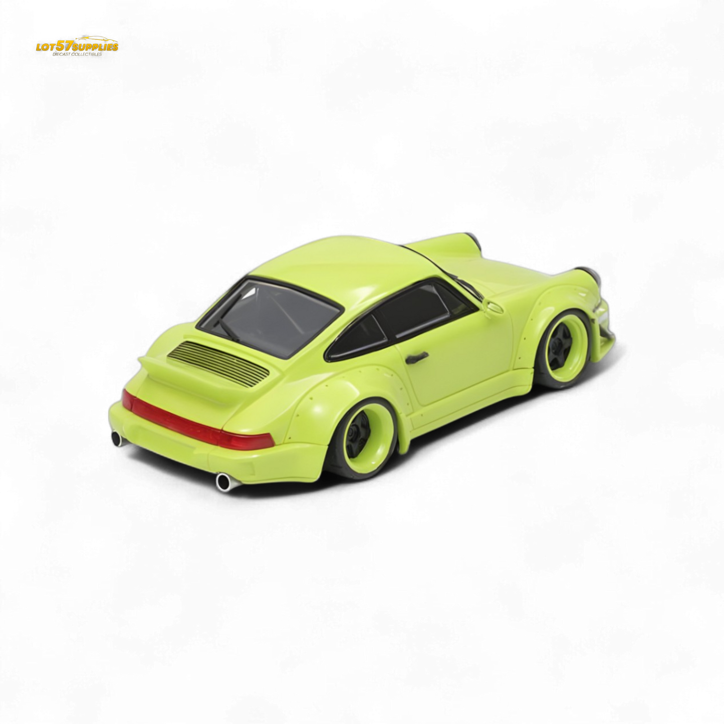 Green Porsche RWB964 wide-body diecast model with duck wing, fast speed design, 1:64 scale by Lot57Supplies Diecast Shop.