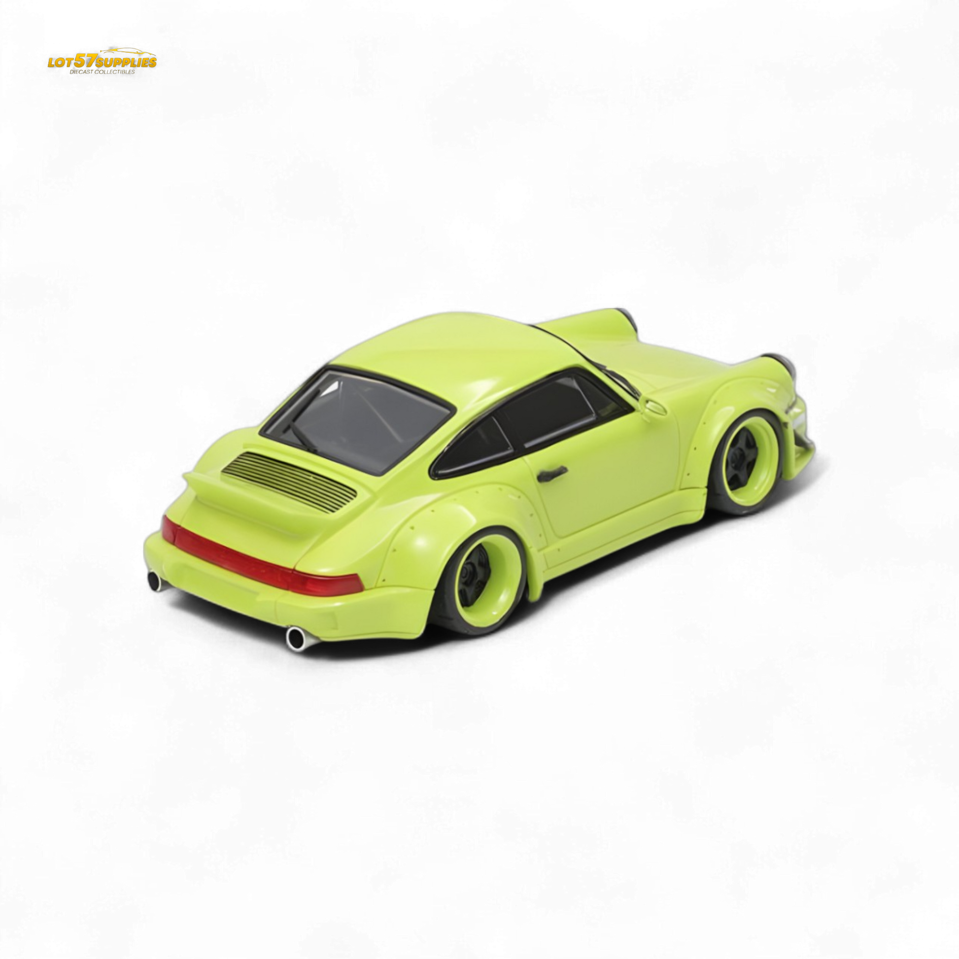 Green Porsche RWB964 wide-body diecast model with duck wing, fast speed design, 1:64 scale by Lot57Supplies Diecast Shop.