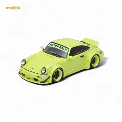 Green Porsche RWB964 wide-body diecast model with duck wing, high-speed details, by Lot57Supplies Diecast Shop, 1:64 scale.