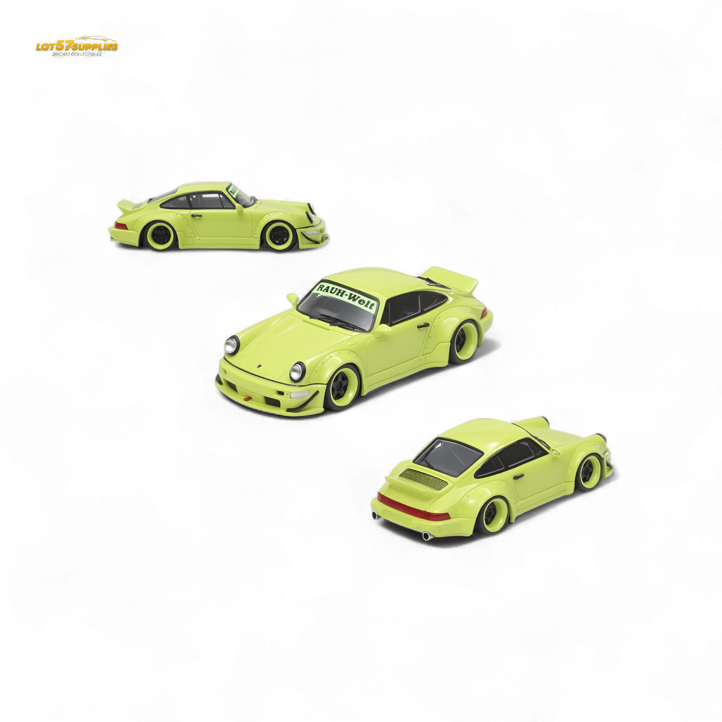 Green Porsche RWB964 wide-body diecast car with duck wing, fast-speed Rauh-Welt style in 1:64 scale by Lot57Supplies Diecast Shop