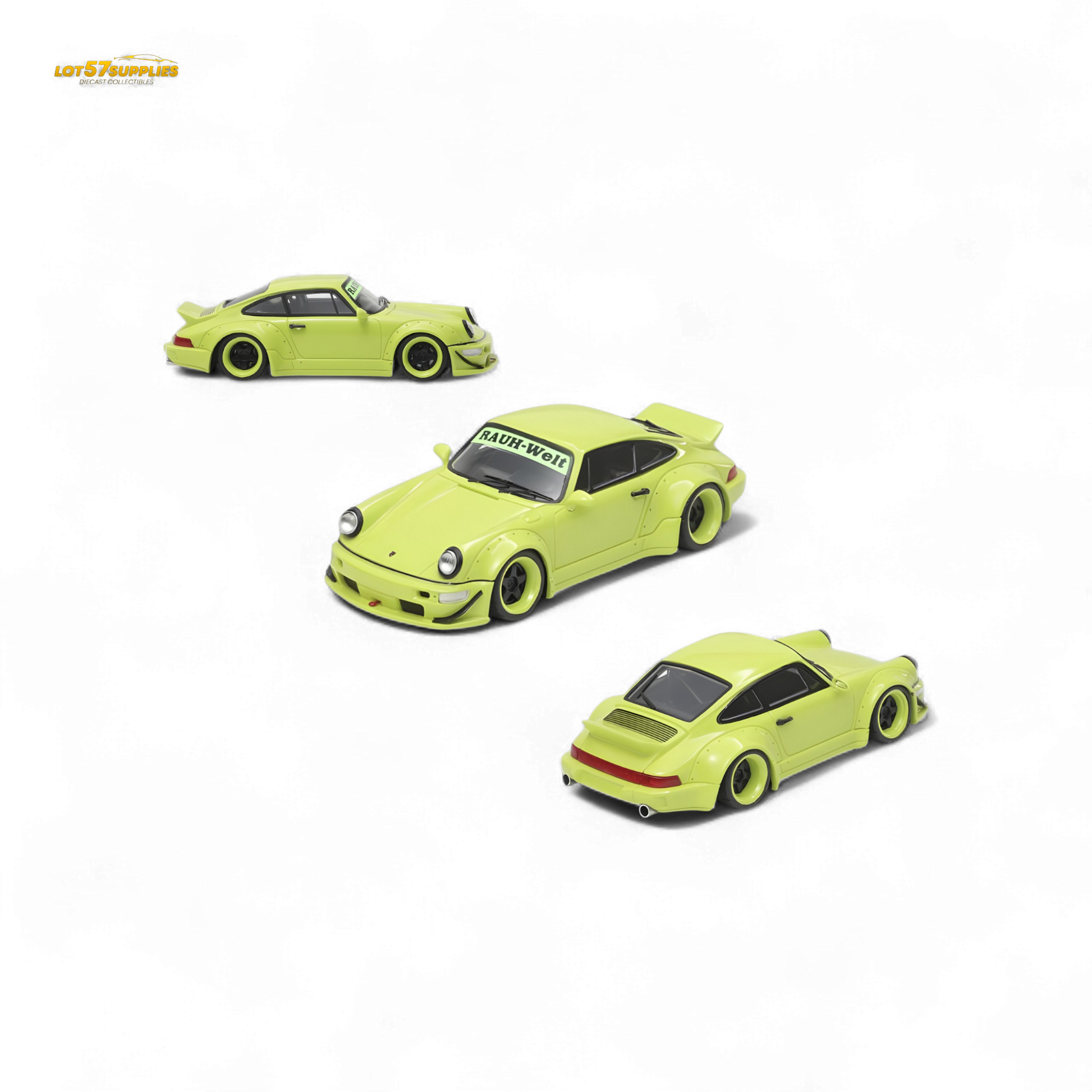 Green Porsche RWB964 wide-body diecast car with duck wing, fast-speed Rauh-Welt style in 1:64 scale by Lot57Supplies Diecast Shop