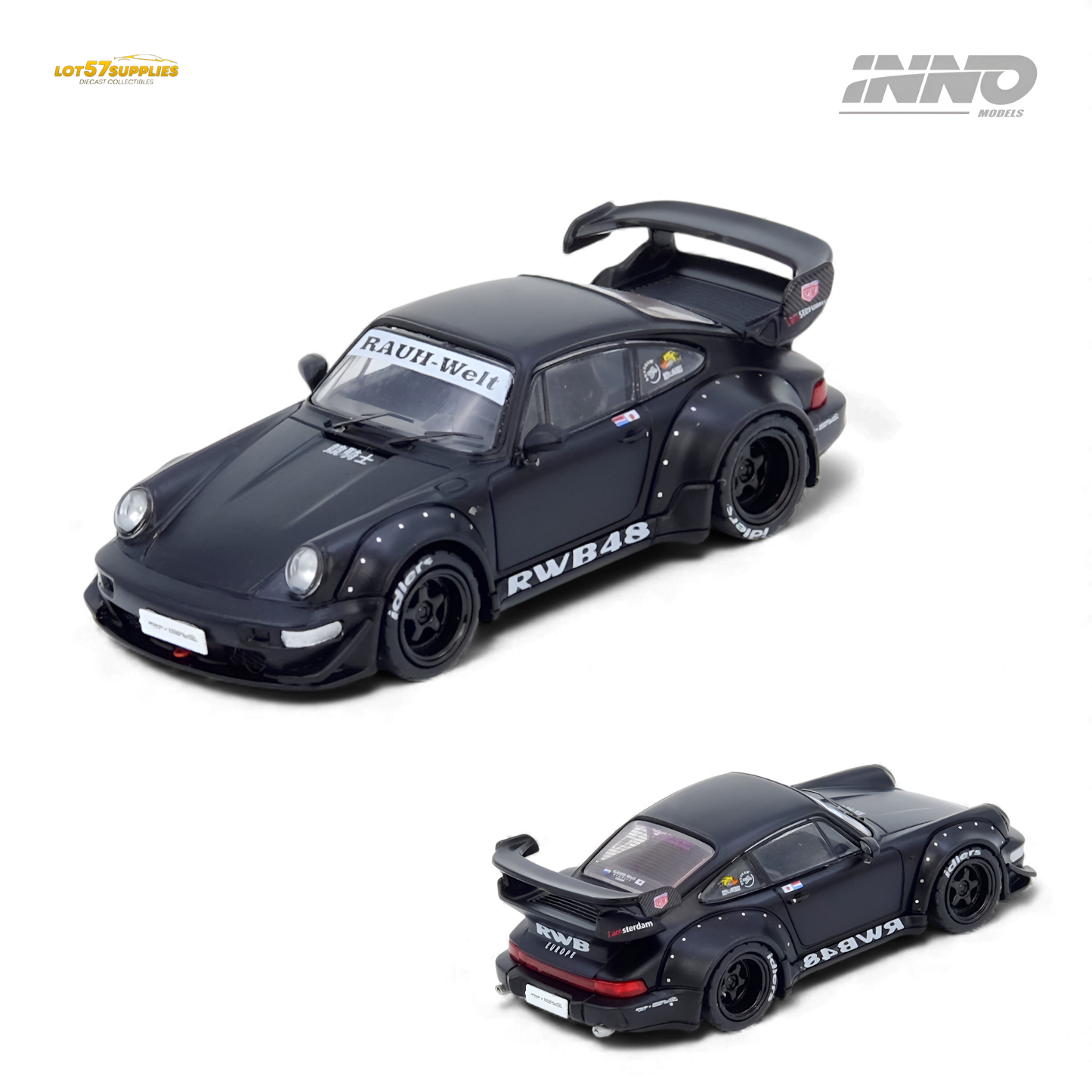 Pre-order INNO64 RWB Porsche 964 Darth Vader black matte diecast model by Lot57Supplies, showcasing detailed design and sleek finish.
