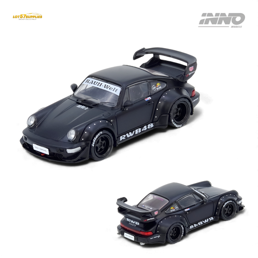 Pre-order INNO64 RWB Porsche 964 Darth Vader black matte diecast model by Lot57Supplies, showcasing detailed design and sleek finish.