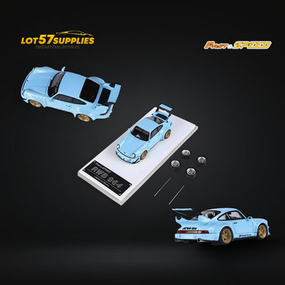 Tiffany blue Porsche 964 RWB diecast car in 1:64 scale with detailed features, showcasing a high-speed sports car model.