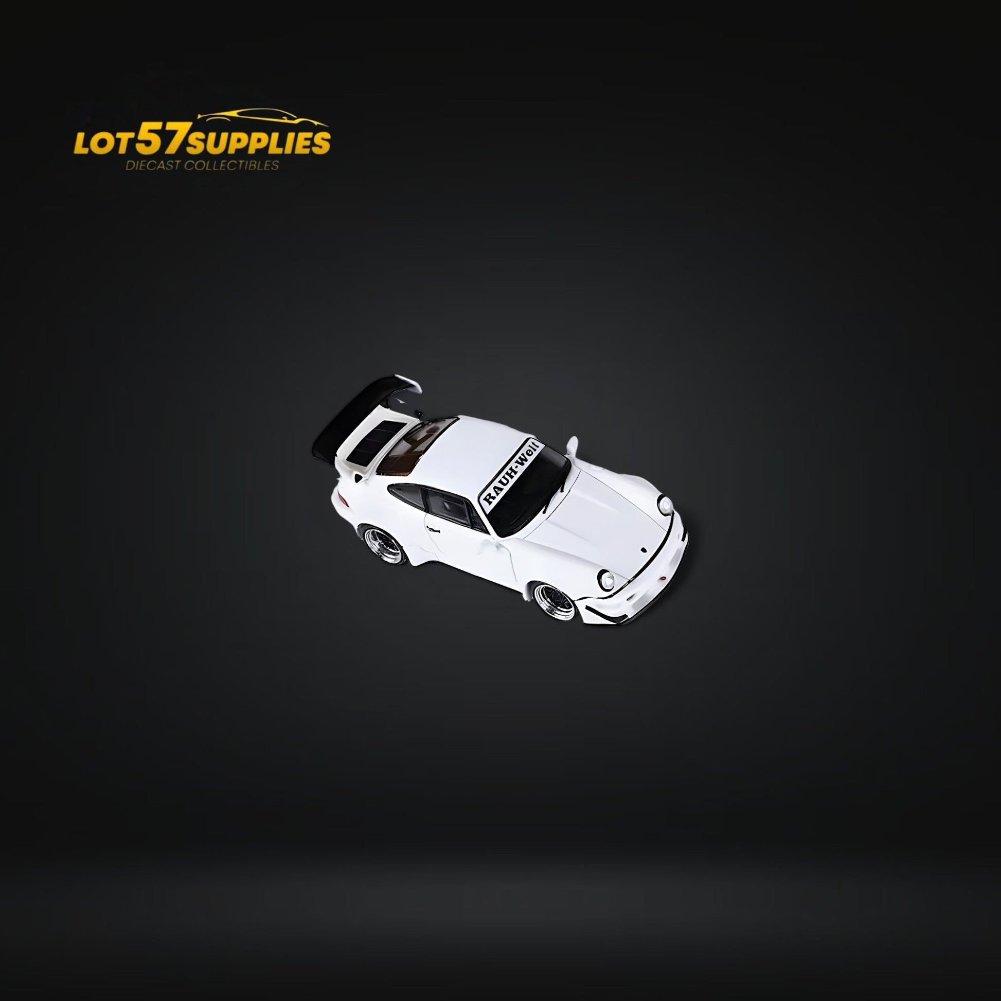 White Porsche 964 RWB Widebody Dreamcatcher GT rear wing diecast model in 1:64 scale, showcasing detailed automotive design.