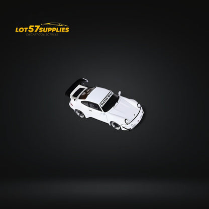 White Porsche 964 RWB Widebody Dreamcatcher GT rear wing diecast model in 1:64 scale, showcasing detailed automotive design.