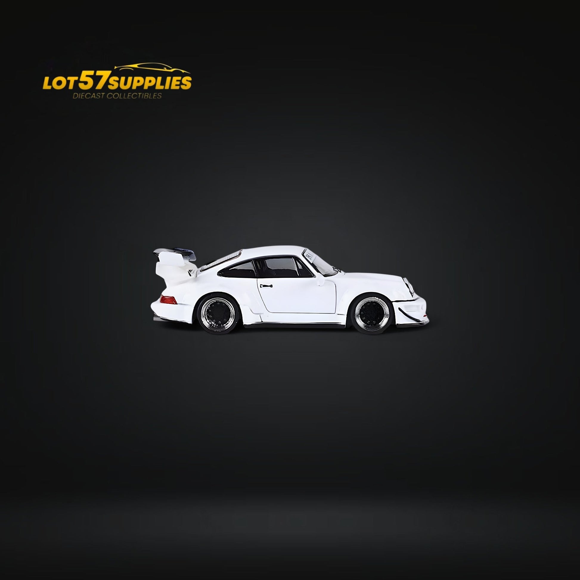 White Porsche 964 RWB Widebody DREAMCATCHER GT rear wing diecast model, detailed 1:64 scale, showcasing sleek automotive design.