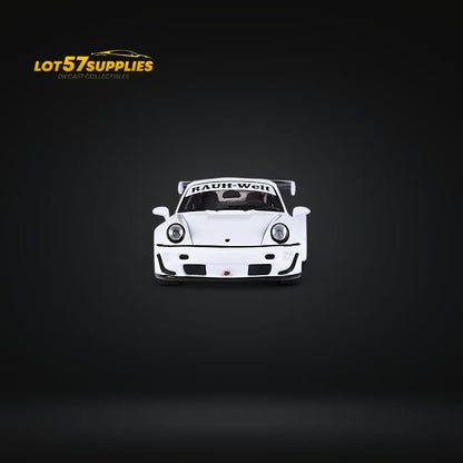 White Porsche 964 RWB Widebody DREAMCATCHER GT rear wing diecast model in 1:64 scale, detailed close-up from Lot57Supplies Diecast Shop