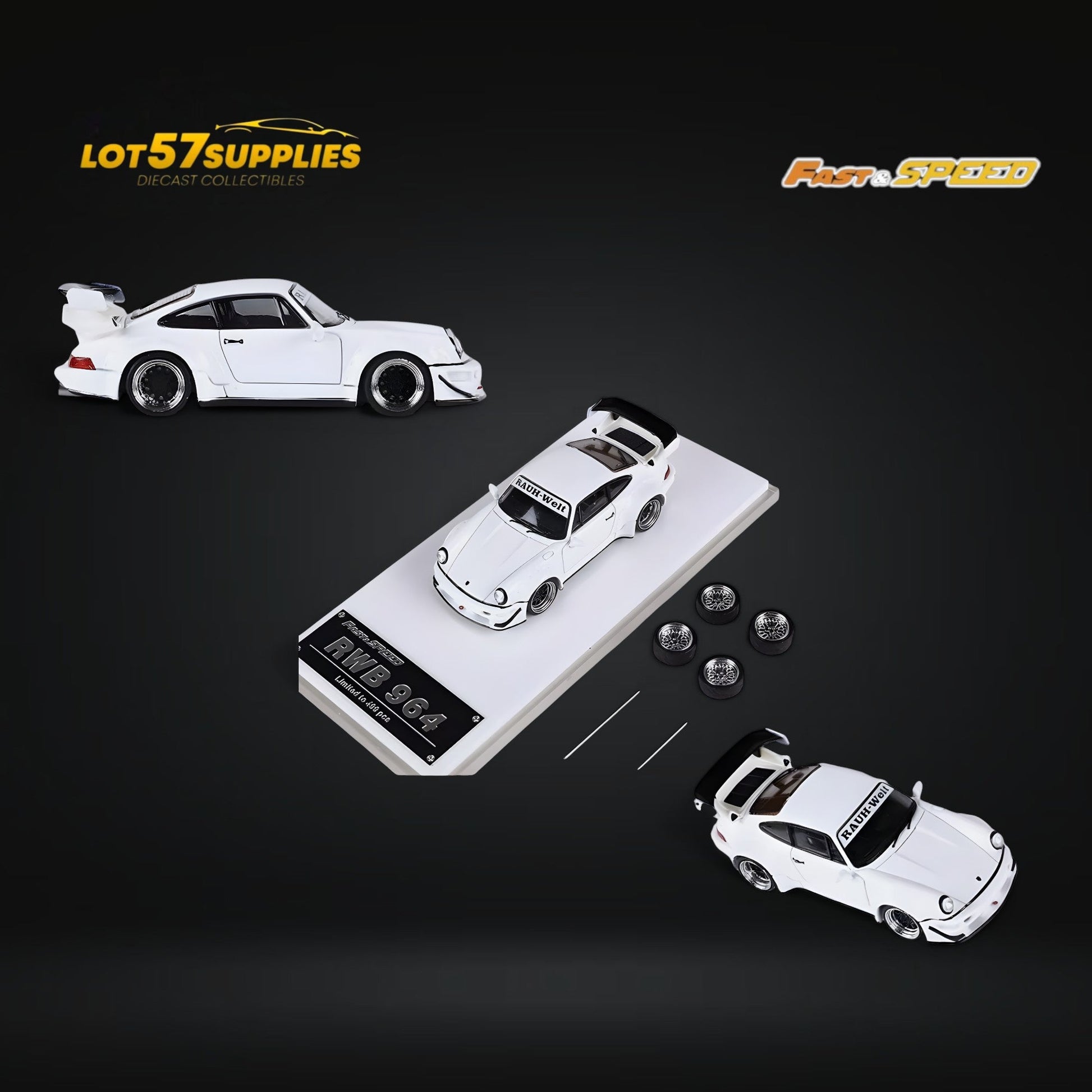 White Porsche 964 RWB Widebody Dreamcatcher GT rear wing diecast model, detailed scale 1:64, by Lot57Supplies Diecast Shop