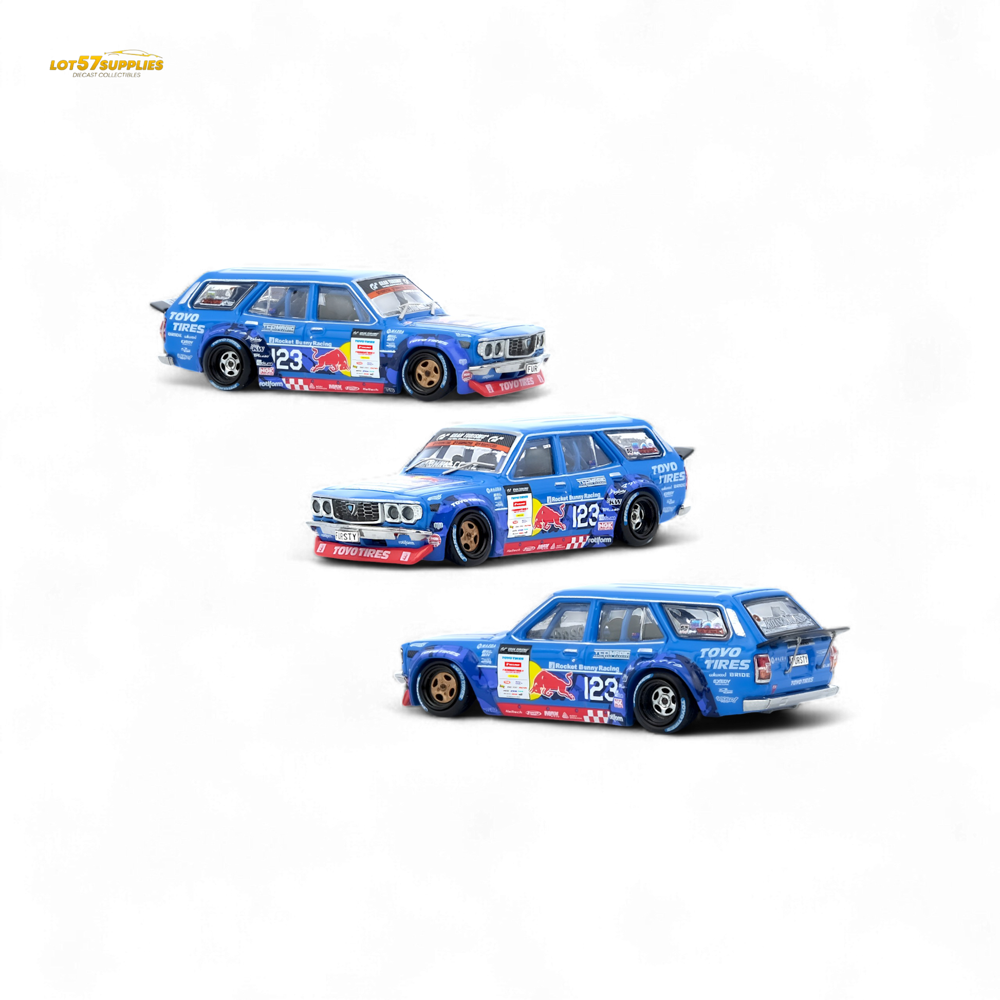Detailed image of Inno64 Mazda RX3 Station Wagon diecast model by Lot57Supplies, showcasing the miniature car's features and design.