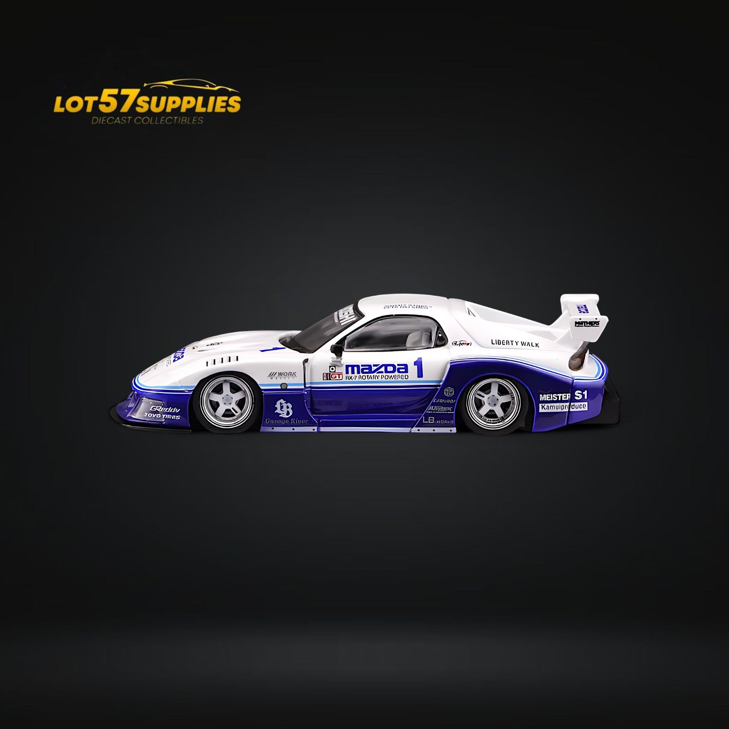 Blue and white Inno64 Mazda RX-7 LBWK FD3S diecast model in 1:64 scale, detailed exterior showcasing the Mazda sports car design.