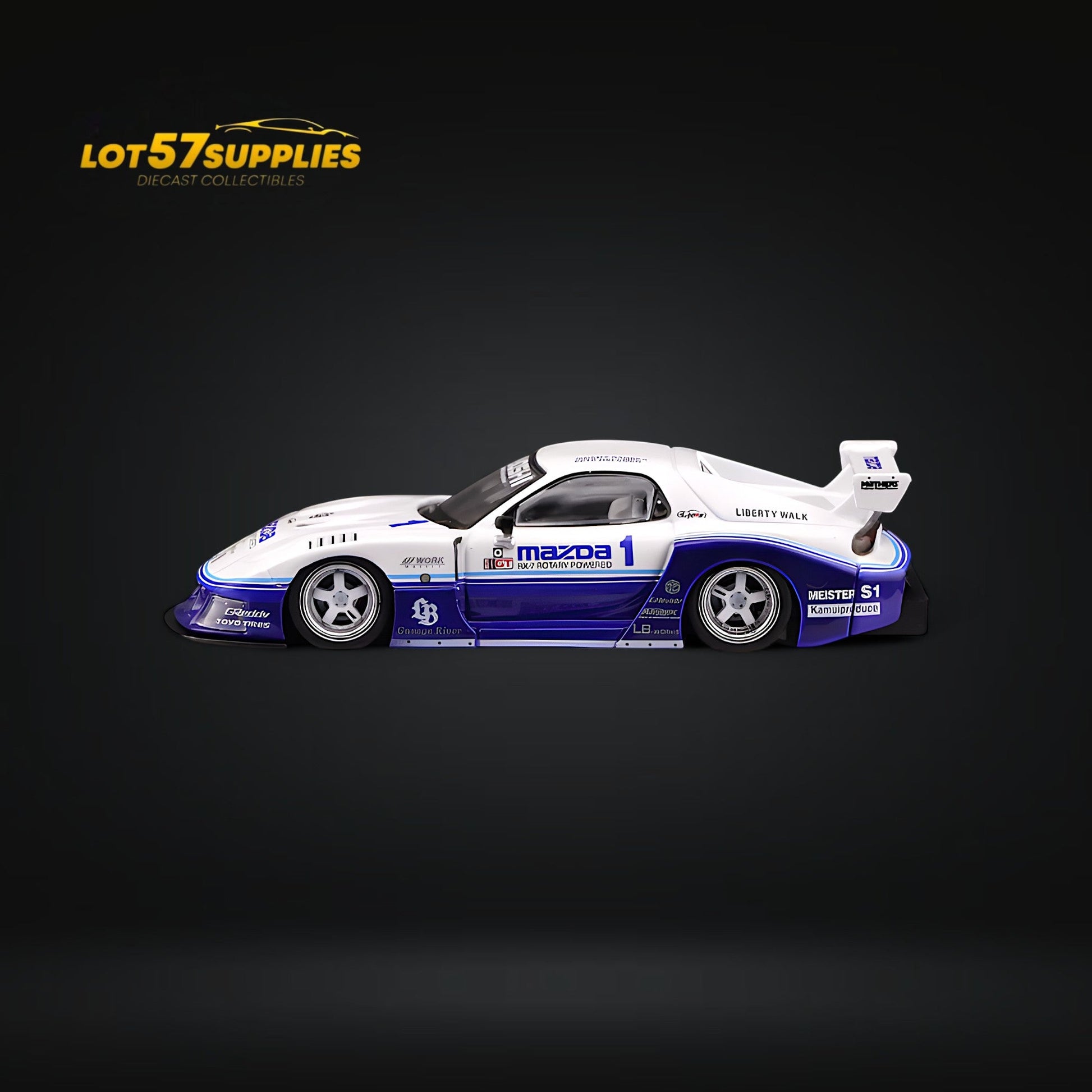 Blue and white Inno64 Mazda RX-7 LBWK FD3S diecast model in 1:64 scale, detailed exterior showcasing the Mazda sports car design.
