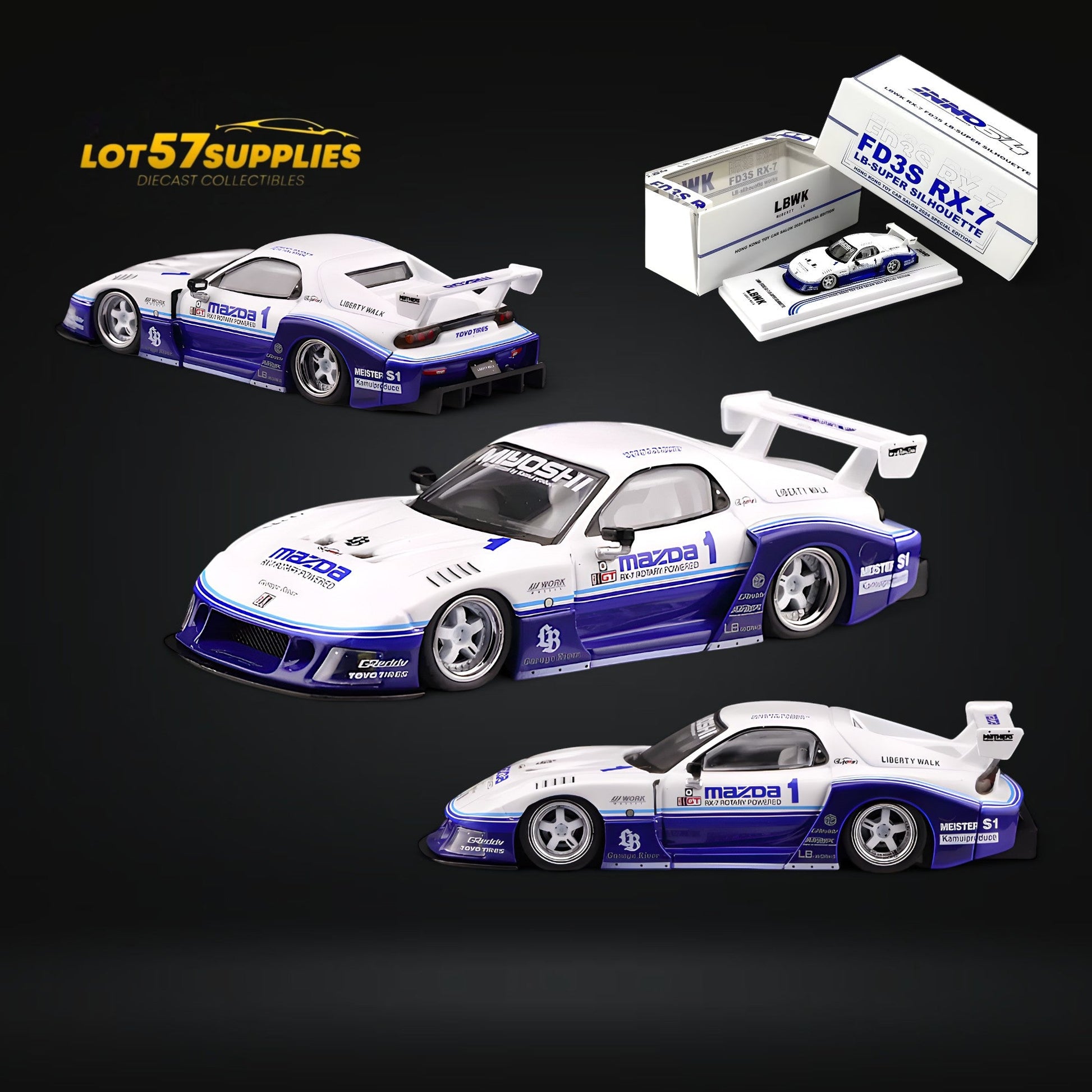 Blue and white Inno64 Mazda RX-7 LBWK FD3S diecast model in 1:64 scale featuring detailed exterior and authentic Mazda design.