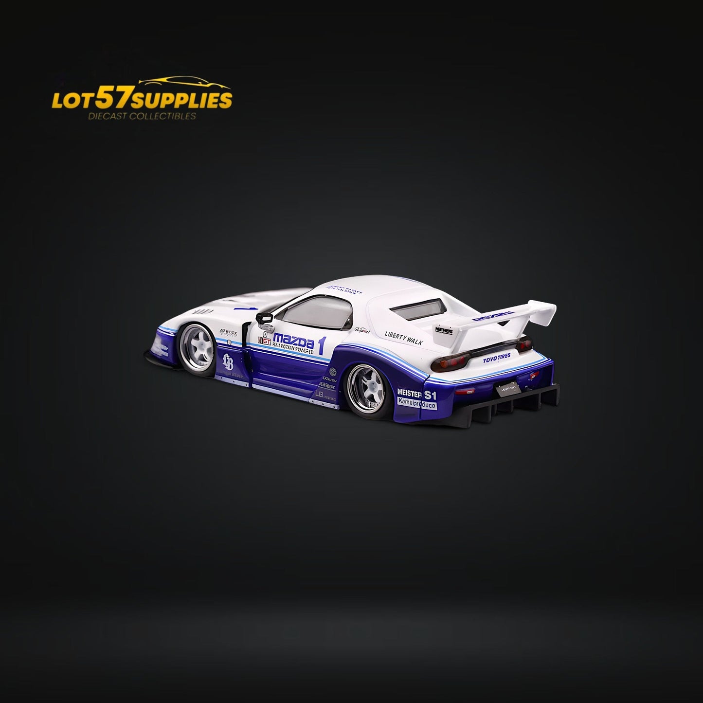 Blue and white Inno64 Mazda RX-7 LBWK FD3S diecast model in 1:64 scale, detailed view showcasing its sleek design and vibrant colors.