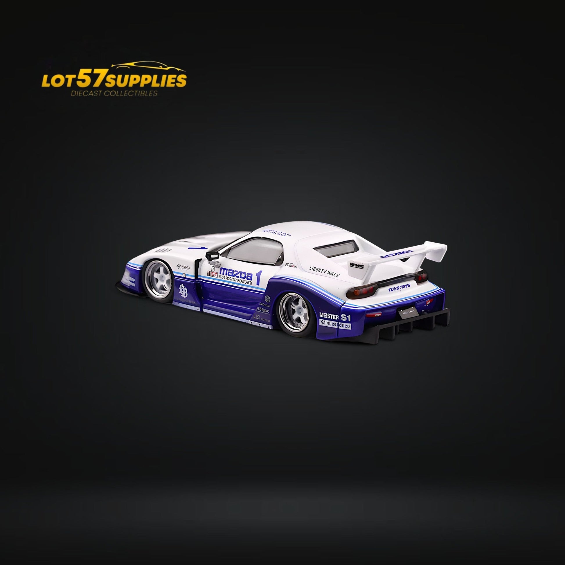 Blue and white Inno64 Mazda RX-7 LBWK FD3S diecast model in 1:64 scale, detailed view showcasing its sleek design and vibrant colors.
