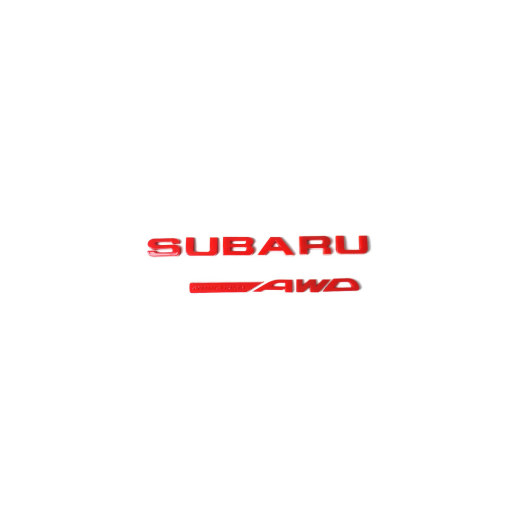 Racing Art Subaru symmetrical AWD trunk emblem in black, red, neon yellow, and white for WRX, STI, Forester, and Crosstrek.