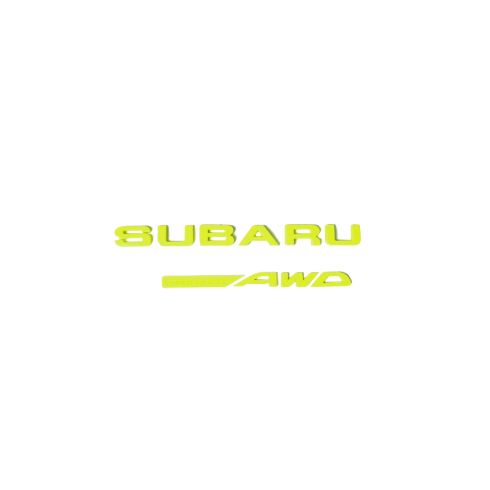 Racing Art Subaru symmetrical AWD trunk emblem in black, red, neon yellow, and white for WRX, STI, Forester, Crosstrek.