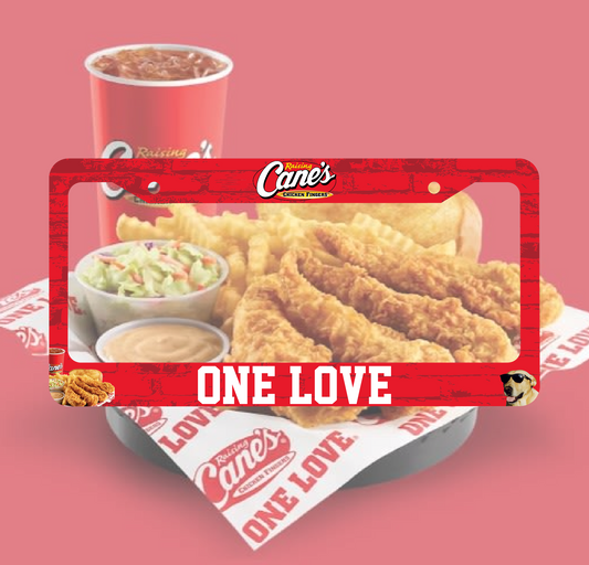 Raising Cane's license plate frame by Bad Taste Worldwide, black metal with white logo text, for car front or rear license plates.