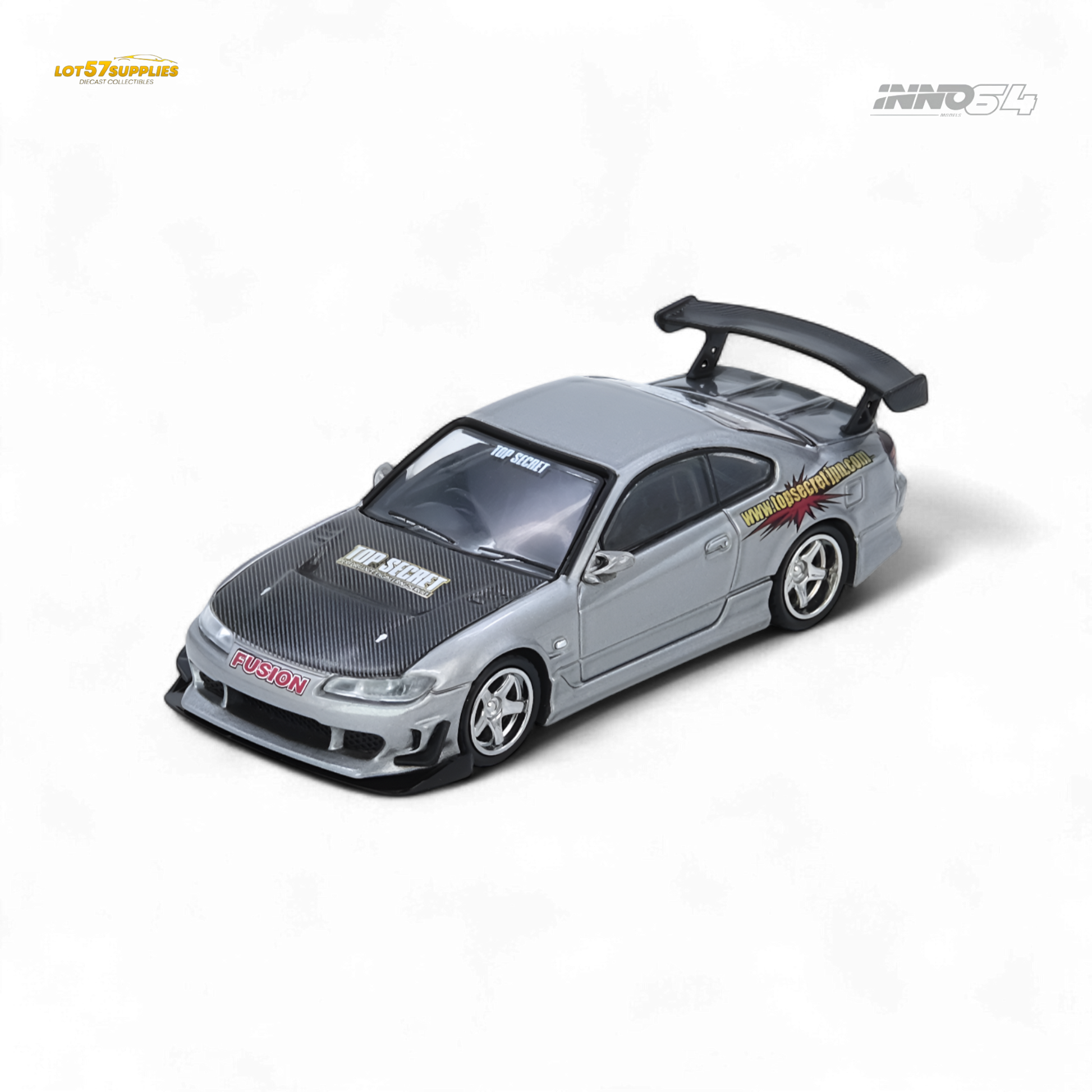 Silver INNO64 Top Secret Silvia S15 diecast Nissan model car, detailed miniature collectible from Lot57Supplies Diecast Shop.