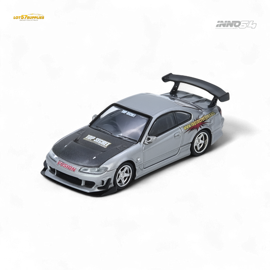 Silver INNO64 Top Secret Silvia S15 diecast Nissan model car, detailed miniature collectible from Lot57Supplies Diecast Shop.