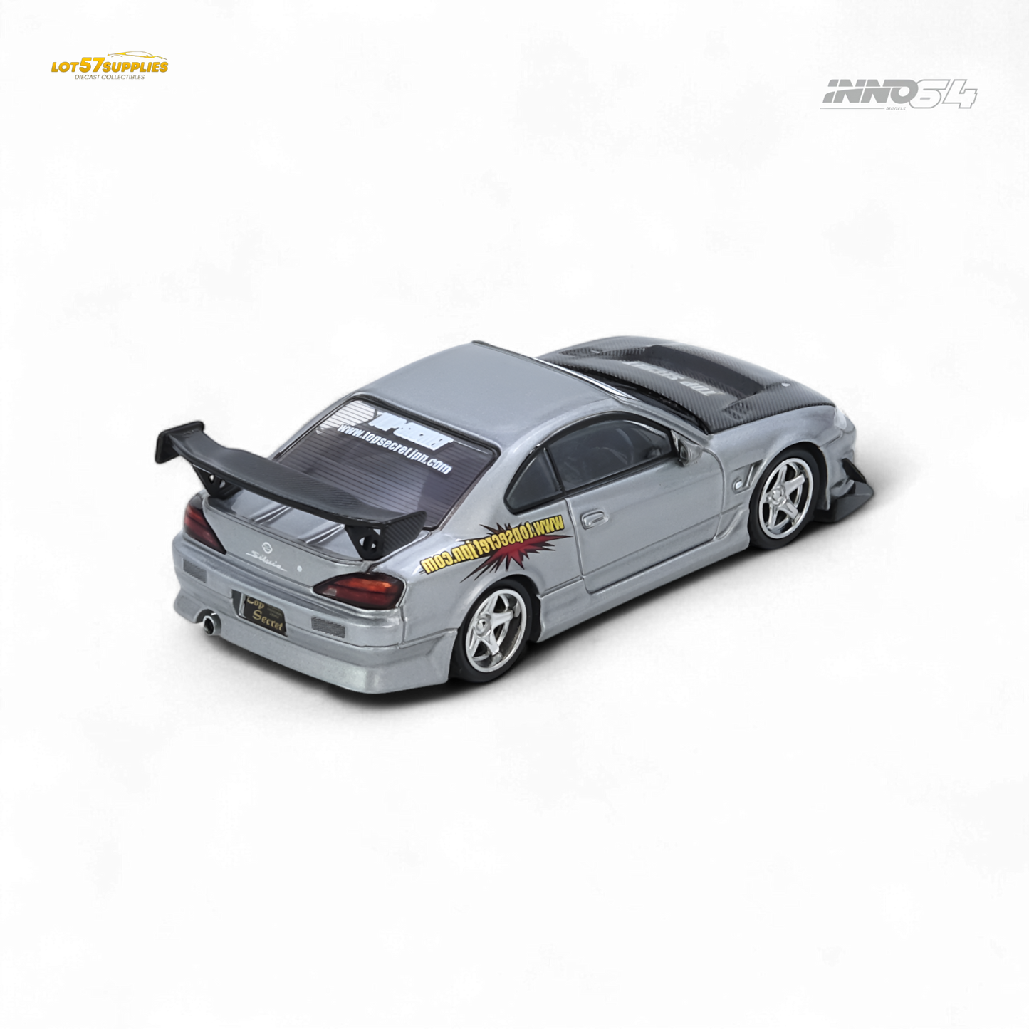 Pre-order INNO64 Nissan Silvia S15 Top Secret in silver, 1:64 scale diecast model with detailed exterior.