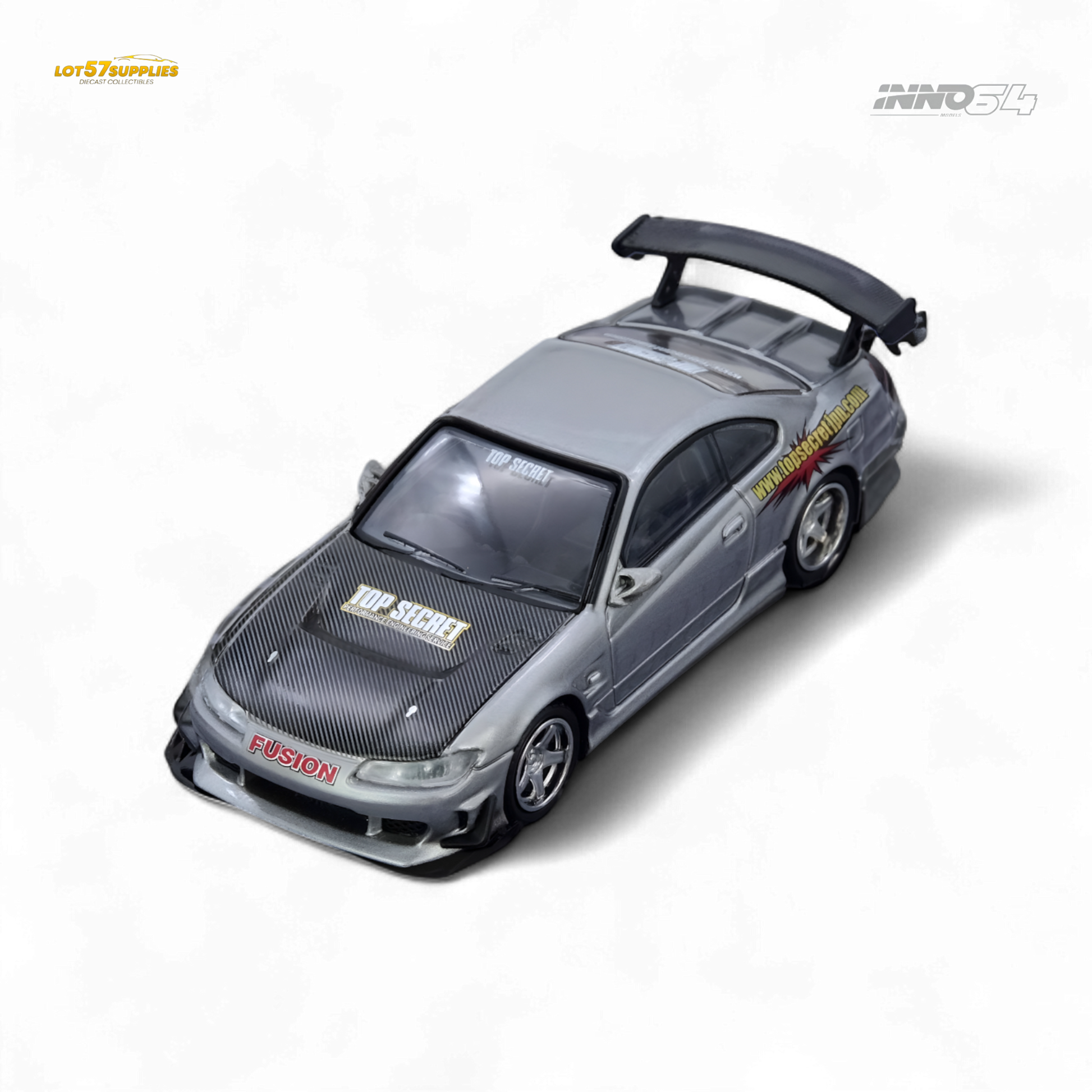 Pre-order INNO64 Top Secret Silvia S15 diecast model in silver, detailed Nissan car with sleek design and realistic features.